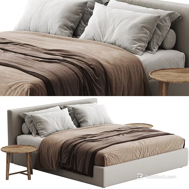 Modern Double Bed with Brown Bedspread White Pillows and Small Round Wooden Table 3d model