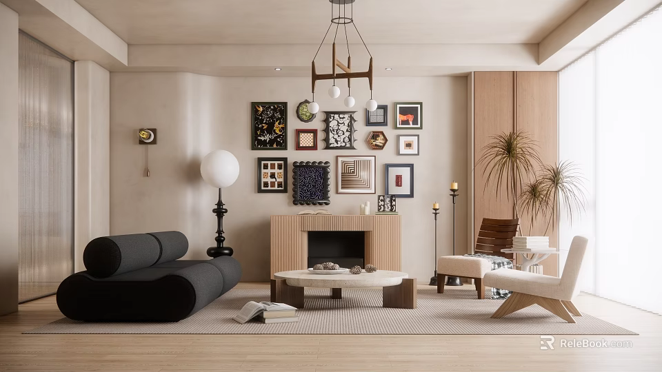 Modern Living Room Interior With Black Sofa Chandelier Framed Artworks Fireplace Beige Walls And Plants 3d model 