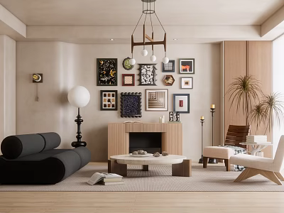 Modern Living Room Interior With Black Sofa Chandelier Framed Artworks Fireplace Beige Walls And Plants 3d model