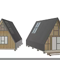 A Frame Wooden House With Black Roof Large Windows And Front Deck