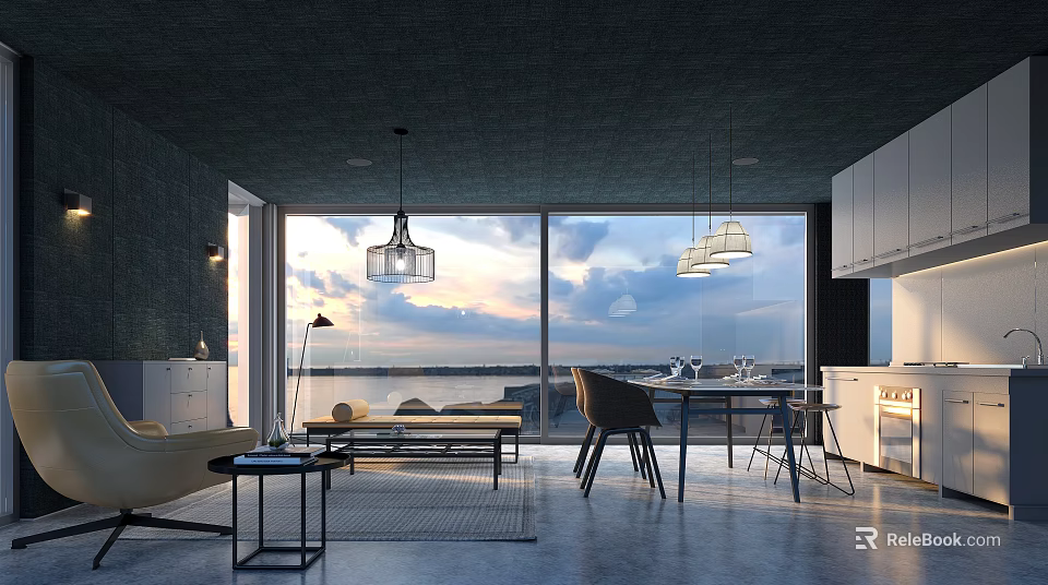 Modern Open Concept Living and Dining Room Interior With Large Windows Ocean View Pendant Lights 3d model 