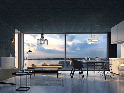 Modern Open Concept Living and Dining Room Interior With Large Windows Ocean View Pendant Lights 3d model