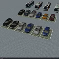 Various Cars Including Sedans and Buses Parked in Designated Parking Spaces