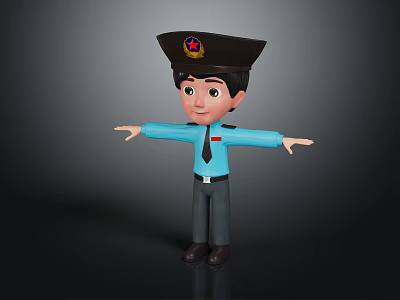 Cartoon Human Character In Blue Uniform With Hat Badge And Arms Outstretched 3d model
