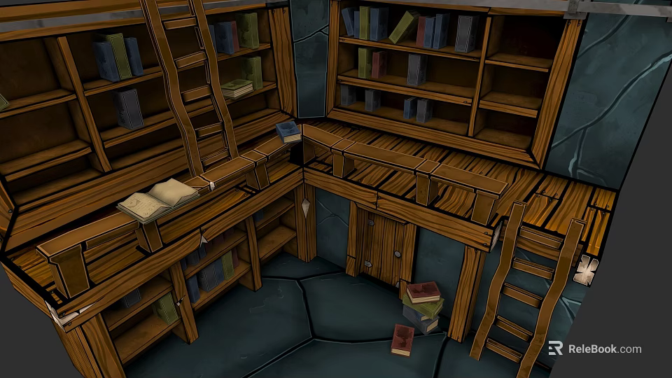 Cozy Armchair in Open Space with Wooden Bookshelves Ladder Books and Wooden Floor 3d model 