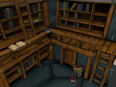 Cozy Armchair in Open Space with Wooden Bookshelves Ladder Books and Wooden Floor 3d model