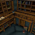 Cozy Armchair in Open Space with Wooden Bookshelves Ladder Books and Wooden Floor
