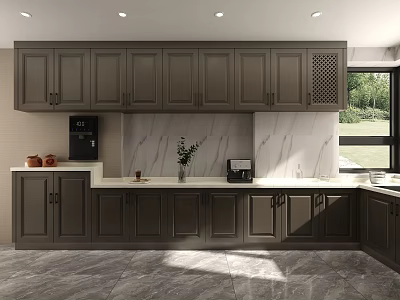 Modern Kitchen Interior With Dark Cabinets Marble Backsplash Appliances And Natural Light 3d model