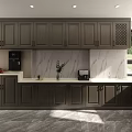 Modern Kitchen Interior With Dark Cabinets Marble Backsplash Appliances And Natural Light