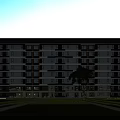 Modern Multi Story Residential Building Exterior With Glass Curtain Walls Landscaped Lawns And Blue Sky