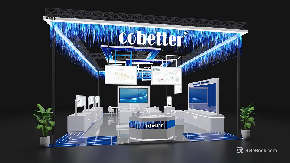 Modern Cobetter Exhibition Booth With Blue Lighting Display Screens White Counters And Green Plants 3d model 