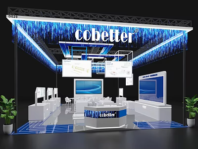 Modern Cobetter Exhibition Booth With Blue Lighting Display Screens White Counters And Green Plants 3d model