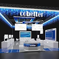 Modern Cobetter Exhibition Booth With Blue Lighting Display Screens White Counters And Green Plants