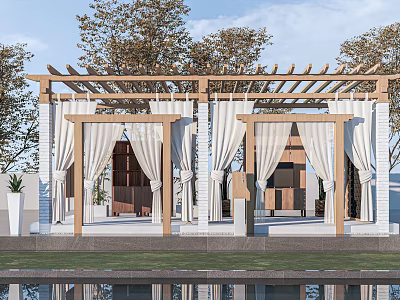 Wooden Pergola With White Curtains In Outdoor Space Surrounded By Trees And Water 3d model