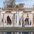 Wooden Pergola With White Curtains In Outdoor Space Surrounded By Trees And Water