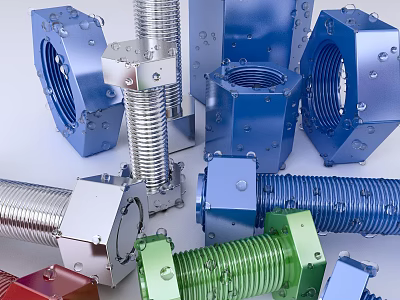 Colorful Hardware Nuts and Bolts with Water Droplets in Assorted Blue Green Red Silver 3d model