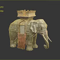 Ornate Elephant Sculpture With Decorative Tower Top And Red Drapery Details