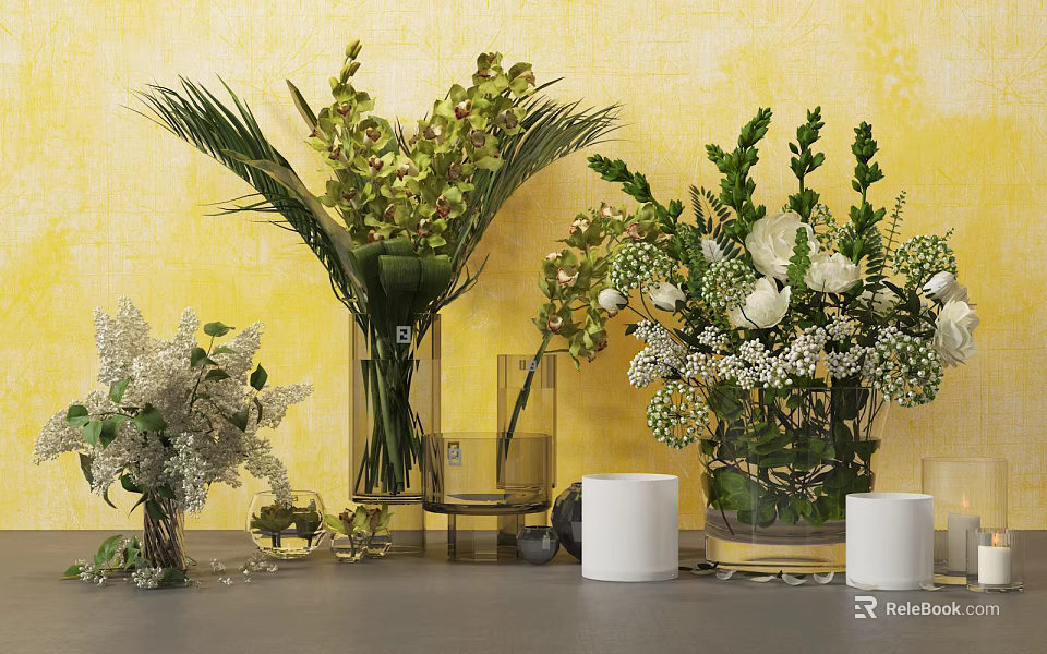Beautiful Glass Vases With White Flowers Green Plants And Yellow Textured Wall Decor 3d model 