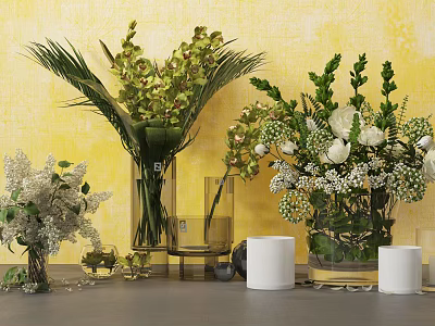 Beautiful Glass Vases With White Flowers Green Plants And Yellow Textured Wall Decor 3d model