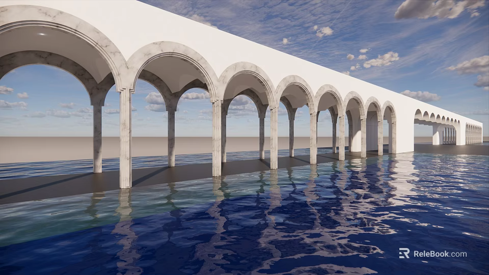 Garden Landscape Featuring Arched Structure With Columns Over Water Surface Reflection 3d model 