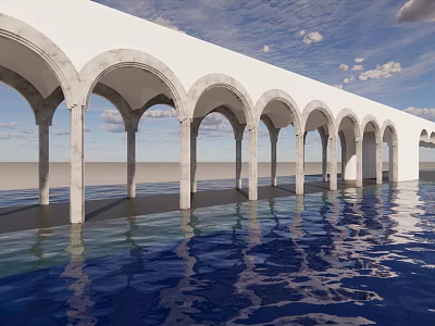 Garden Landscape Featuring Arched Structure With Columns Over Water Surface Reflection 3d model