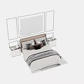 Double Bed with Upholstered Headboard Multiple Pillows Matching Nightstands Table Lamps and Decorative Wall Paneling