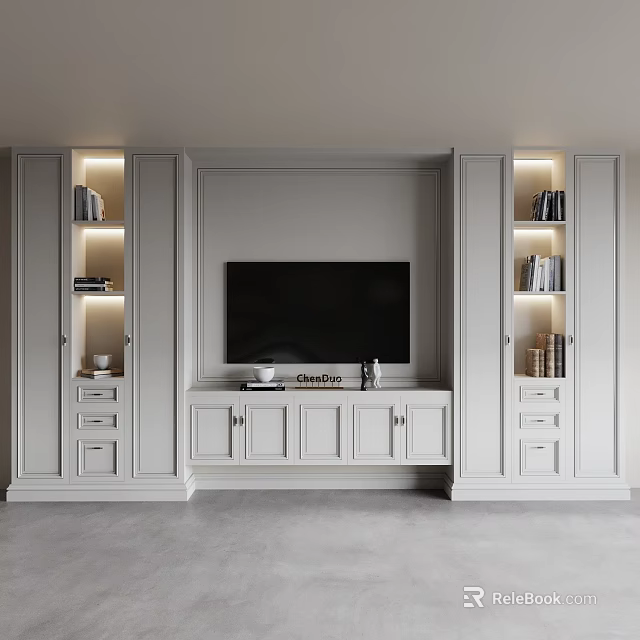 Modern White TV Stand Featuring Lit Bookshelves Books Drawers And Cabinets 3d model 