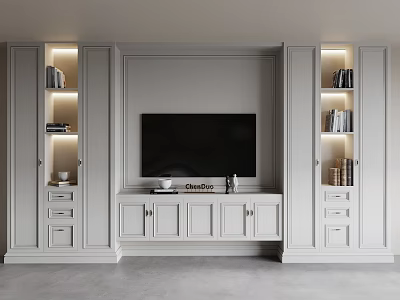 Modern White TV Stand Featuring Lit Bookshelves Books Drawers And Cabinets 3d model