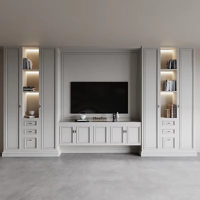 Modern White TV Stand Featuring Lit Bookshelves Books Drawers And Cabinets 3d model