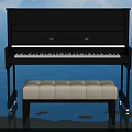 Black Upright Piano With Padded Bench On Shiny Water Surface And Blue Sky Background