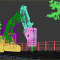 Yellow Komatsu Excavator Working With Blue Demolition Hammer On Construction Site Debris