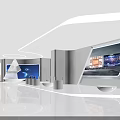 Modern Exhibition Hall Featuring Large Screen Robot Interface White Curved Design Round Podium And Bowl Seat