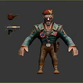 Man With Red Beret Sunglasses Beard Green Jacket Badges Brown Pants Boots Pipe And Pistol