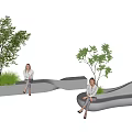 Two Women Sitting On Wavy White Seats With Green Trees And Grass