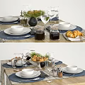 Elegant Tableware Set With White Bowls Plates Blue Placemats Glassware Bread Jars And Decorative Plants
