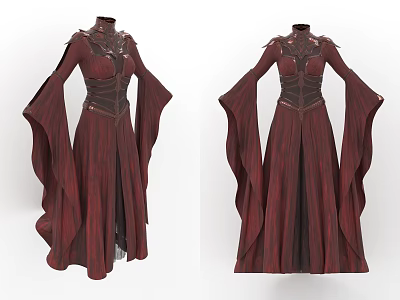 Elegant Crimson Red Long Dress With High Neck Corset Waist Flared Sleeves And Decorative Shoulders 3d model