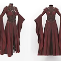 Elegant Crimson Red Long Dress With High Neck Corset Waist Flared Sleeves And Decorative Shoulders