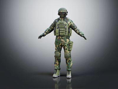 Military Soldier In Camouflage Uniform With Helmet Tactical Vest And Full Body Gear 3d model
