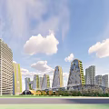 Modern Curved Office Towers With Vertical Greenery Alongside River And Pedestrian Walkway