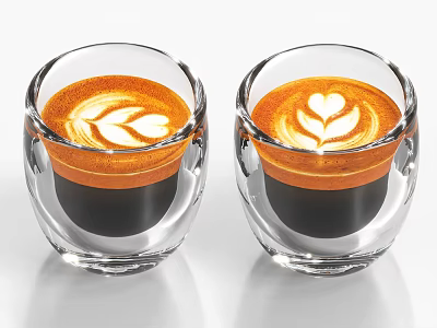 Two Cups of Latte Coffee with Heart Leaf Art in Double Wall Glasses 3d model