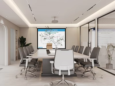 Modern Conference Room With Long Table Office Chairs Large Screen And Glass Partitions 3d model