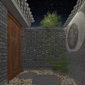 Garden Landscape Night Sky With Moon Stars Brick Wall Lotus Pool Wooden Deck Tables Umbrella
