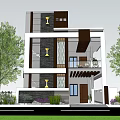 Modern Detached Villa Exterior with Stone Accents Balcony Brown Door and Green Trees