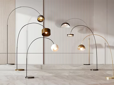 Elegant Modern Arched Floor Lamps With Metallic Bases And Stylish Shades 3d model