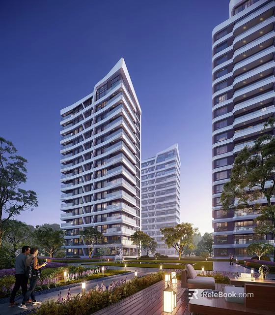 Modern High Rise Residential Buildings With Trees And People In Surroundings 3d model 