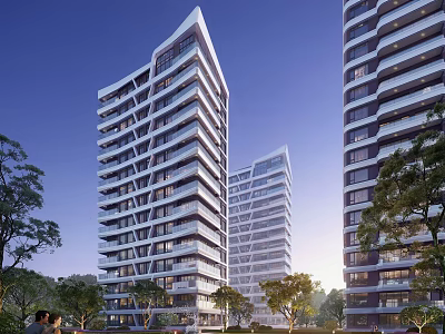 Modern High Rise Residential Buildings With Trees And People In Surroundings 3d model