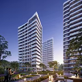 Modern High Rise Residential Buildings With Trees And People In Surroundings
