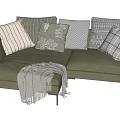 Olive Green Sectional Sofa With Multiple Patterned Pillows And Cozy Knitted Throw Blanket 3d model