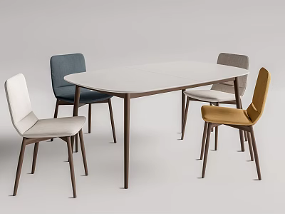 Modern Dining Table Set With Rectangular White Tabletop And Multi Colored Chairs 3d model