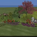 Garden Flowers and Plants with Green Grass Red Leaf Tree Shrubs Purple Blooms White Stone